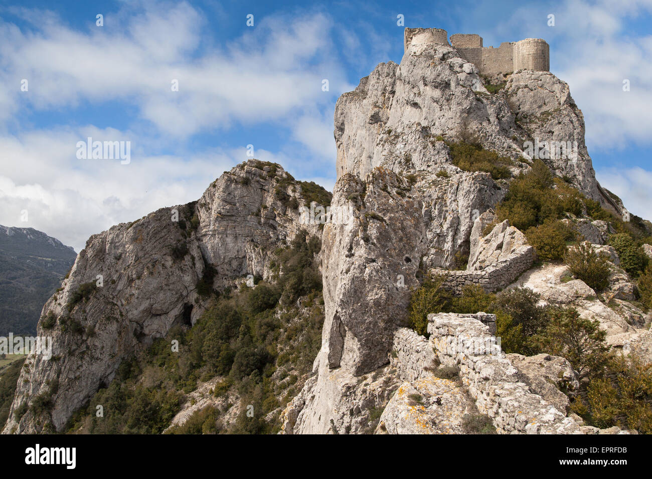 Chateau de Peyrepertuse, Aude, Languedoc-Roussillon, Francia. Foto Stock