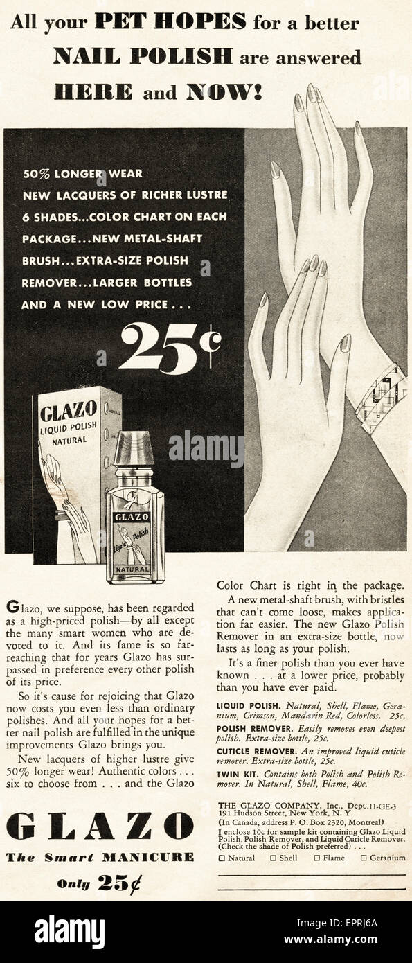 1930s Vintage American annuncio rivista datata novembre 1933 pubblicità GLAZO smalto per unghie Foto Stock
