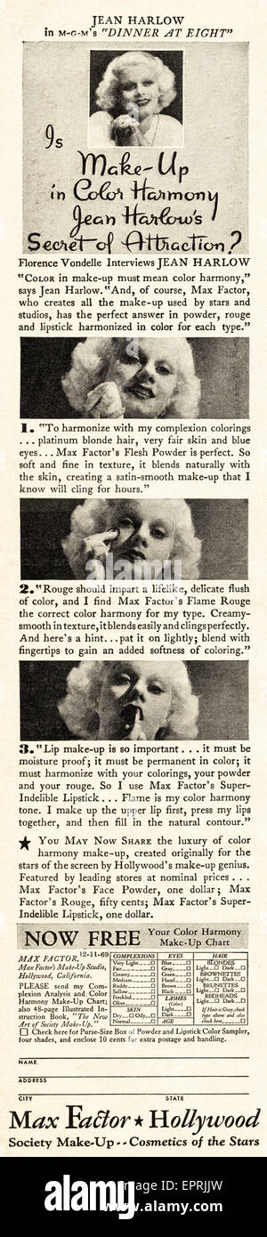 1930s Vintage American annuncio rivista datata novembre 1933 pubblicità MAX-fattore di make-up con film di star celebrity Jean Harlow Foto Stock