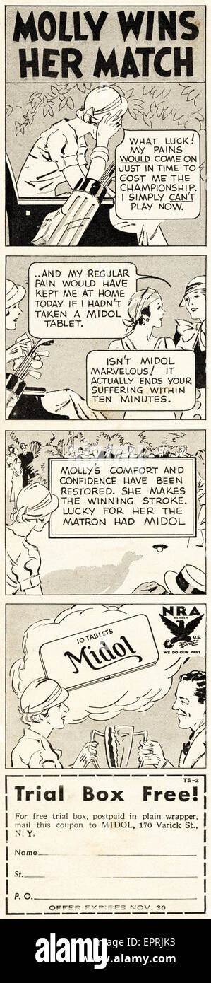 1930s Vintage American annuncio rivista datata novembre 1933 pubblicità MIDOL killer del dolore compresse in cartoon formato storyboard Foto Stock