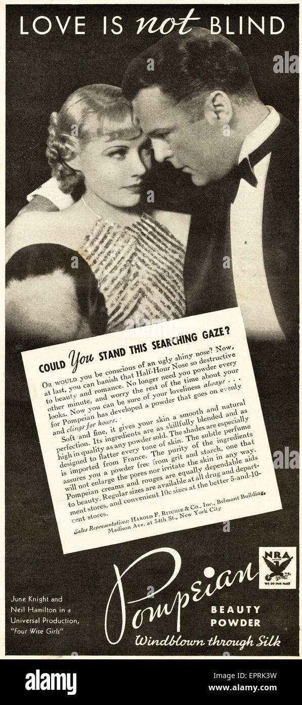 1930s Vintage American annuncio rivista datata novembre 1933 pubblicità pompeiani polvere di bellezza per il make-up Foto Stock