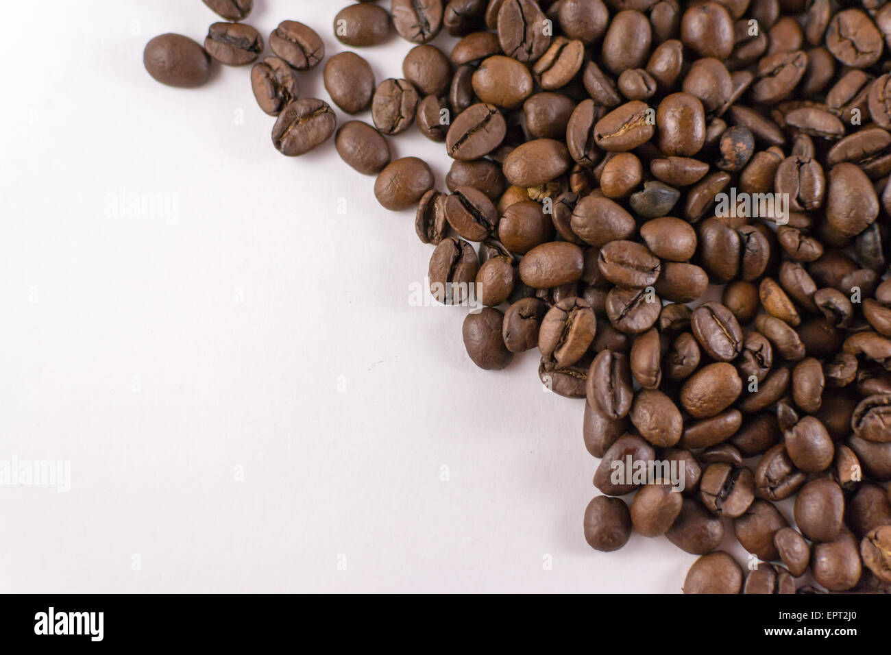 Closeup overhead di allentato il caffè torrefatto in grani su cartoncino bianco con copyspace Foto Stock