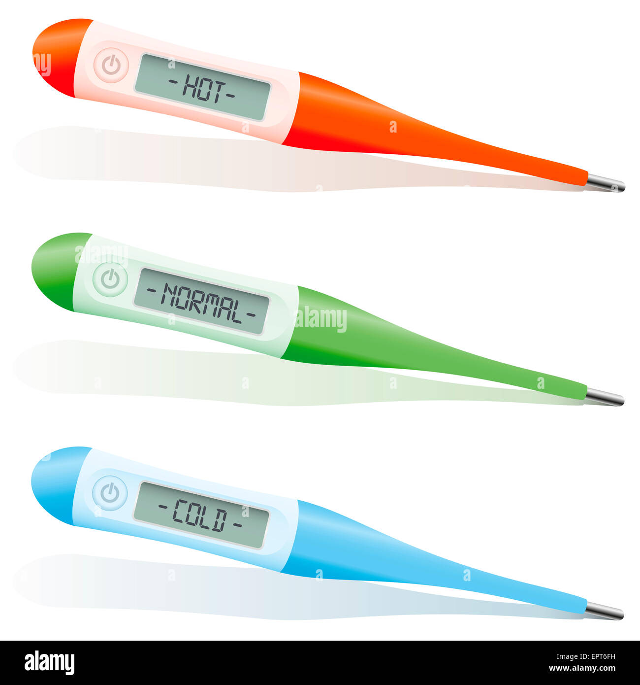 Hot, normale e temperatura fredda di indicizzazione su un rosso, verde e blu termometro digitale. Foto Stock