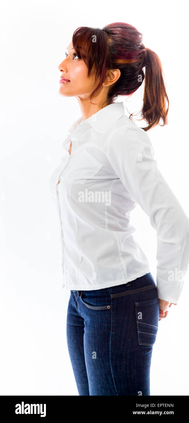 Adulto donna indiana in studio isolato su sfondo bianco Foto Stock