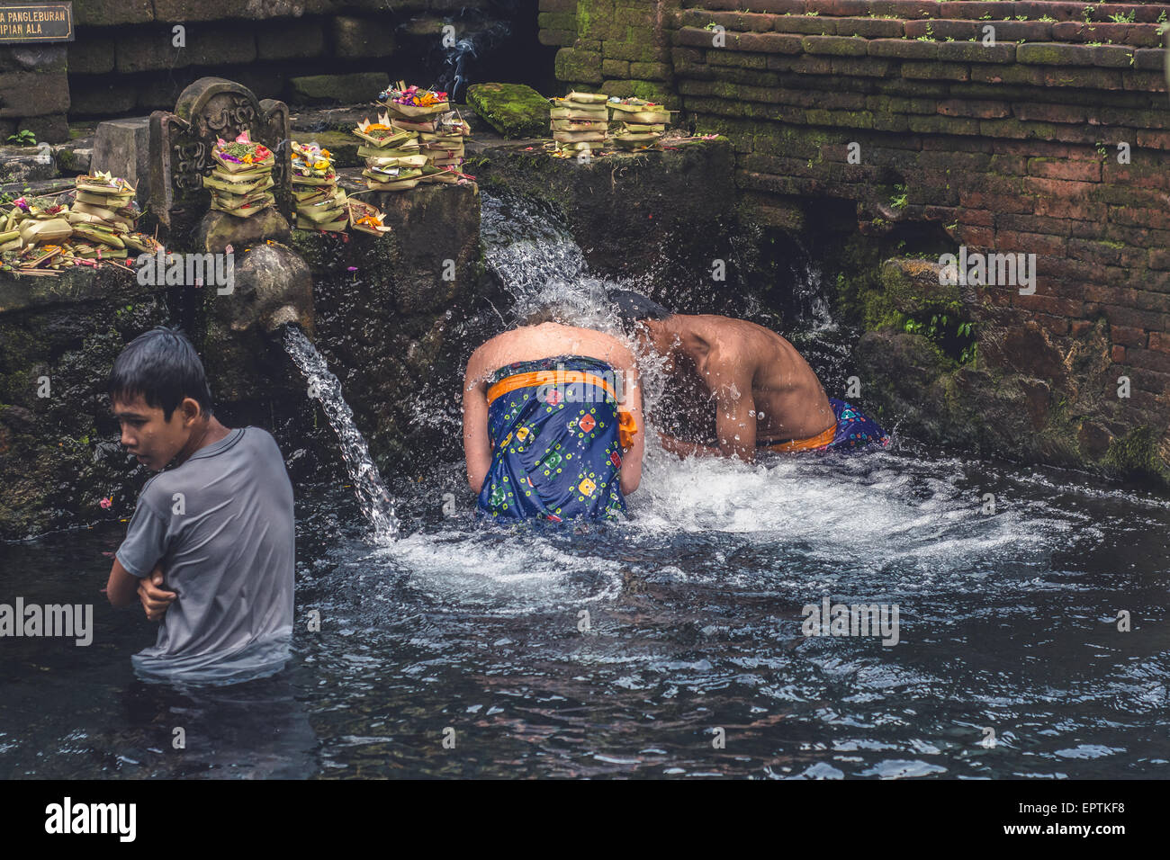 Bali, Indonesia - 21 maggio 2015: Gli Indù pregano durante la cerimonia di pulizia al Tempio di Tirta Empull. Gli stranieri sono benvenuti a partecipare alla cerimonia. Foto Stock