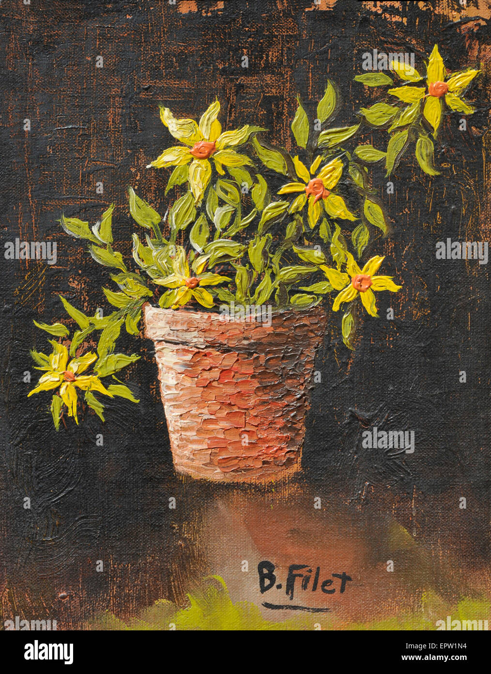 Pittura Acrilica del giallo dei girasoli nella pentola di creta su sfondo nero. Foto Stock