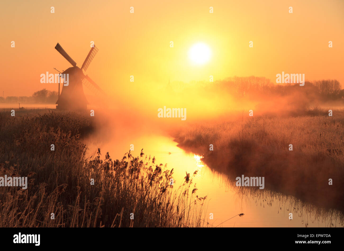 Sunrise olandese con un tradizionale mulino a vento e un canale nella primavera nebbia. Foto Stock