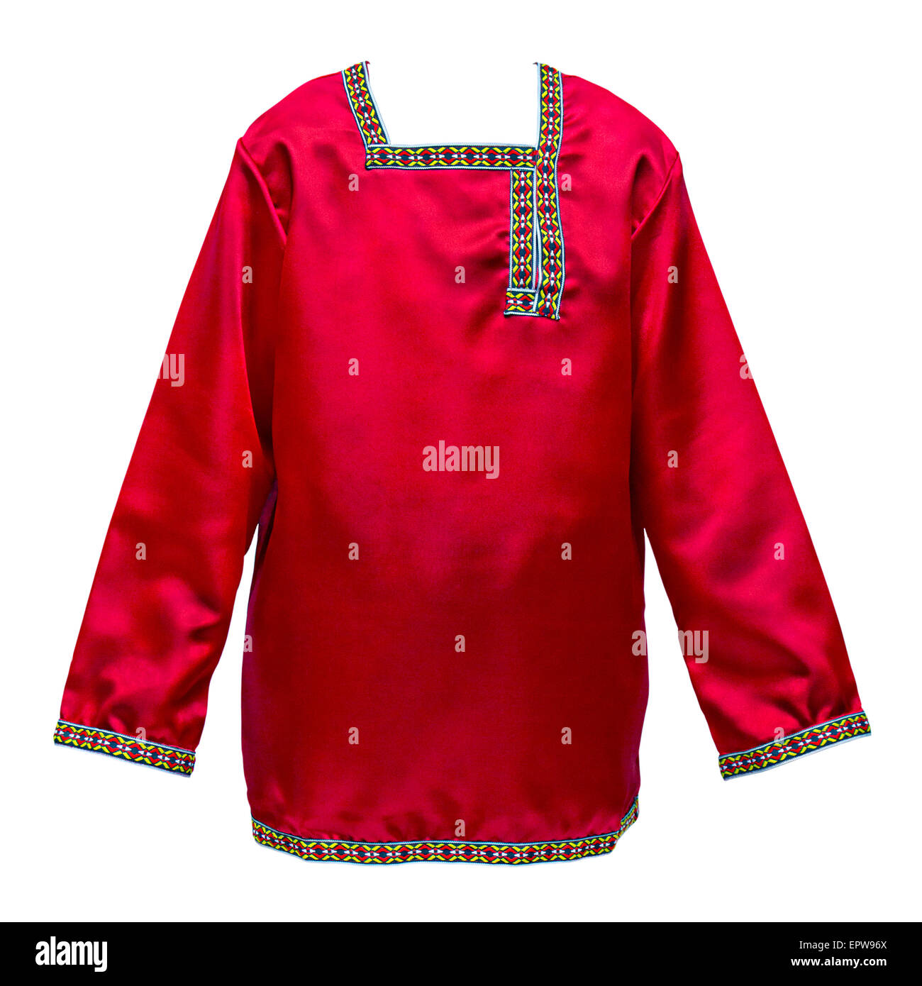Rosso nazionale russa shirt con ricami a motivi geometrici isolati su sfondo bianco Foto Stock