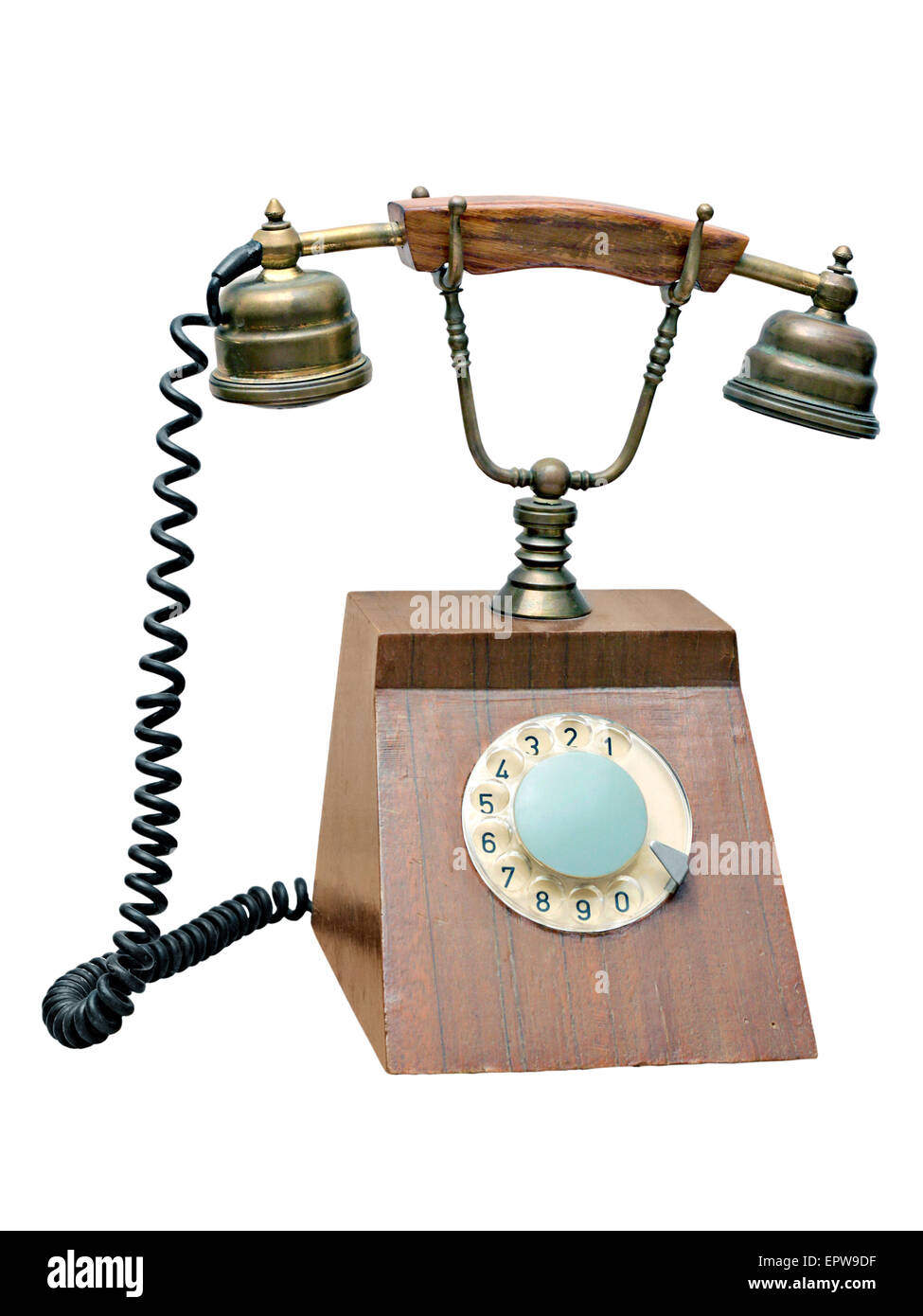 Il vecchio telefono fisso isolato su sfondo bianco Foto Stock