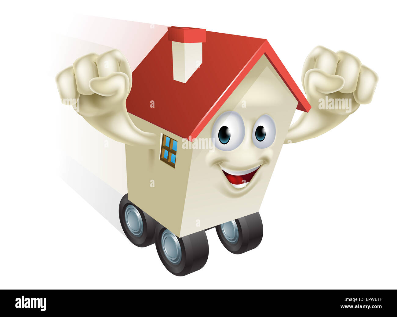 Casa spostare il concetto, un cartoon house carattere lungo zoom su ruote Foto Stock