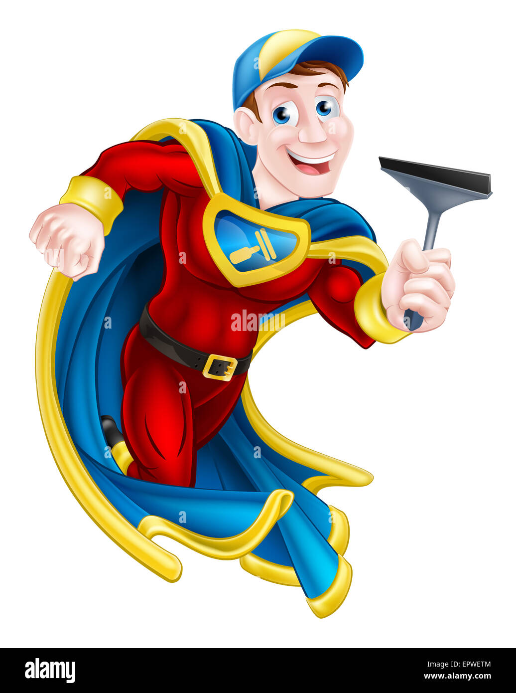 Illustrazione di un cartone animato di detergente per vetri mascotte del supereroe tenendo un tergipavimento Foto Stock