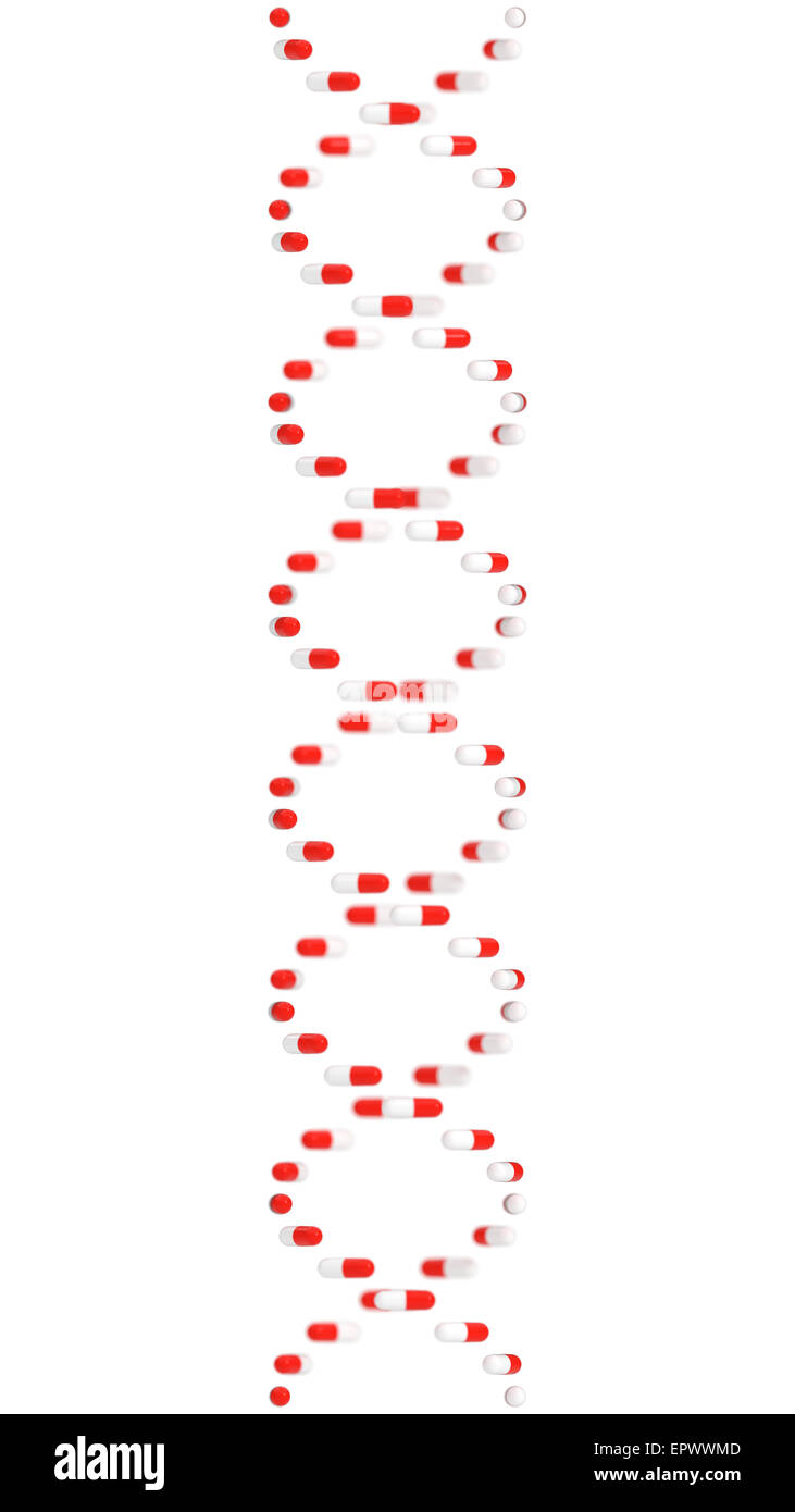 Il filamento di DNA Helix pillole di forma isolata su sfondo bianco. Foto Stock