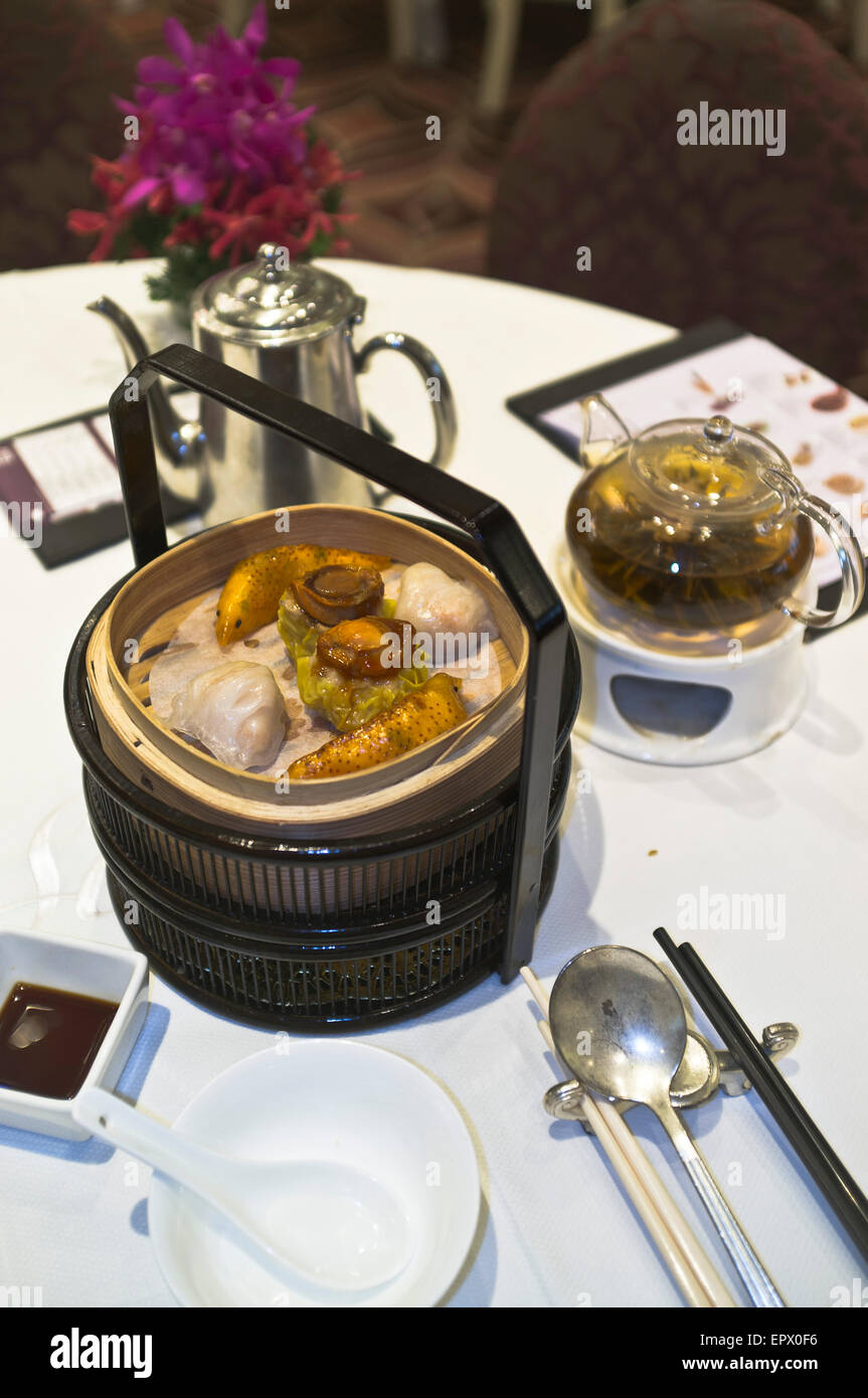 dh Dim Sum RESTAURANT HONG KONG Cantonese cesto di bambù gelsomino teapot fantasia cinese cina piatti di cucina piatto Foto Stock