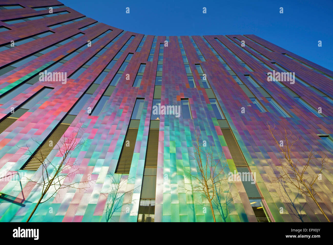 Basso angolo di vista Aloft Hotel, Gateway Orientale, Royal Victoria Dock, Londra, Inghilterra, Regno Unito Foto Stock