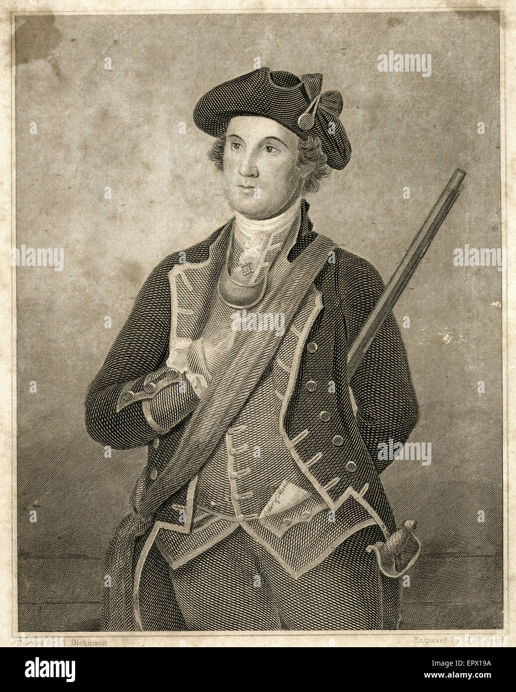 Antique c1820 incisione in acciaio di George Washington nel 1772, 40 anni. George Washington (1732-1799) è stato il primo Presidente degli Stati Uniti (1789-97), il Comandante in Capo dell'esercito continentale durante la guerra rivoluzionaria americana e uno dei padri fondatori degli Stati Uniti. Foto Stock