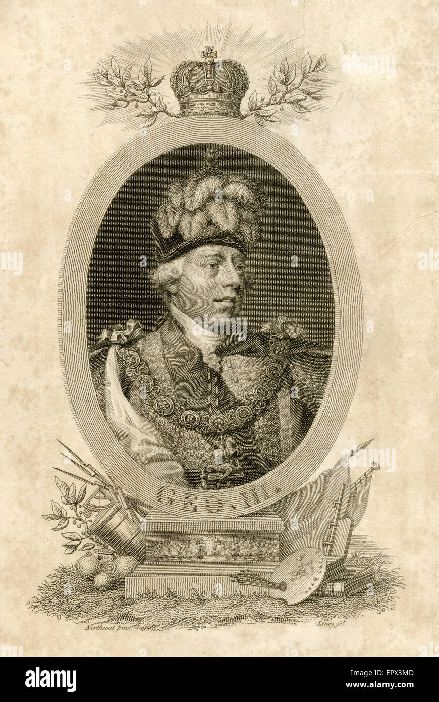 Antique 1817 incisione in acciaio di Re Giorgio III del Regno Unito. George III (George William Frederick; 1738 Ð 1820) era il re di Gran Bretagna e Irlanda dal 25 ottobre 1760 fino a quando l'unione dei due paesi il 1 gennaio 1801, dopo che egli è stato re del Regno Unito di Gran Bretagna e Irlanda fino alla sua morte. Foto Stock