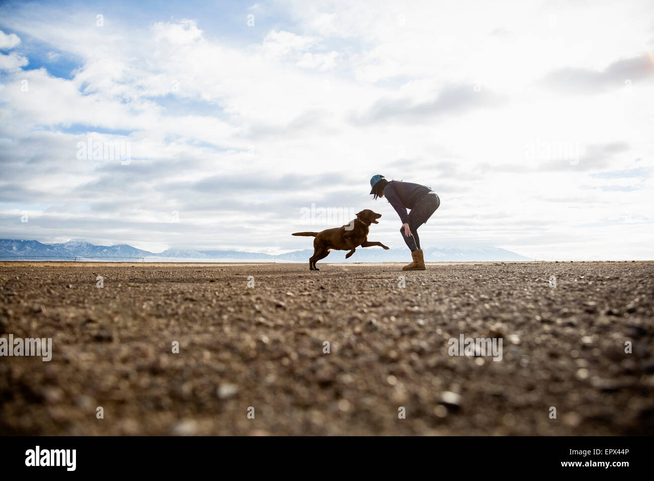 Stati Uniti d'America, Colorado, Donna che gioca con il cane all'aperto Foto Stock