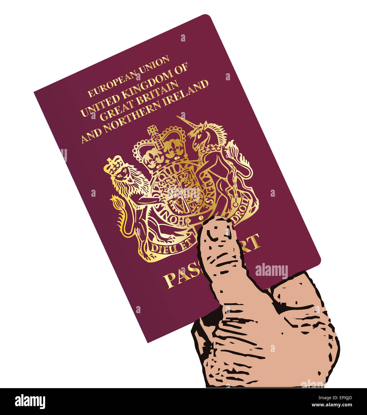 Una mano che tiene un rosso passaporto moderno su uno sfondo bianco Foto Stock