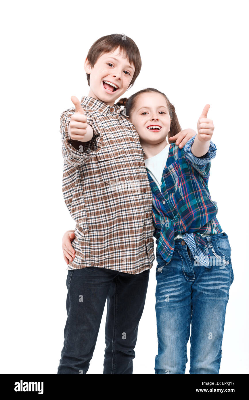 Dei bambini felici su sfondo bianco Foto Stock