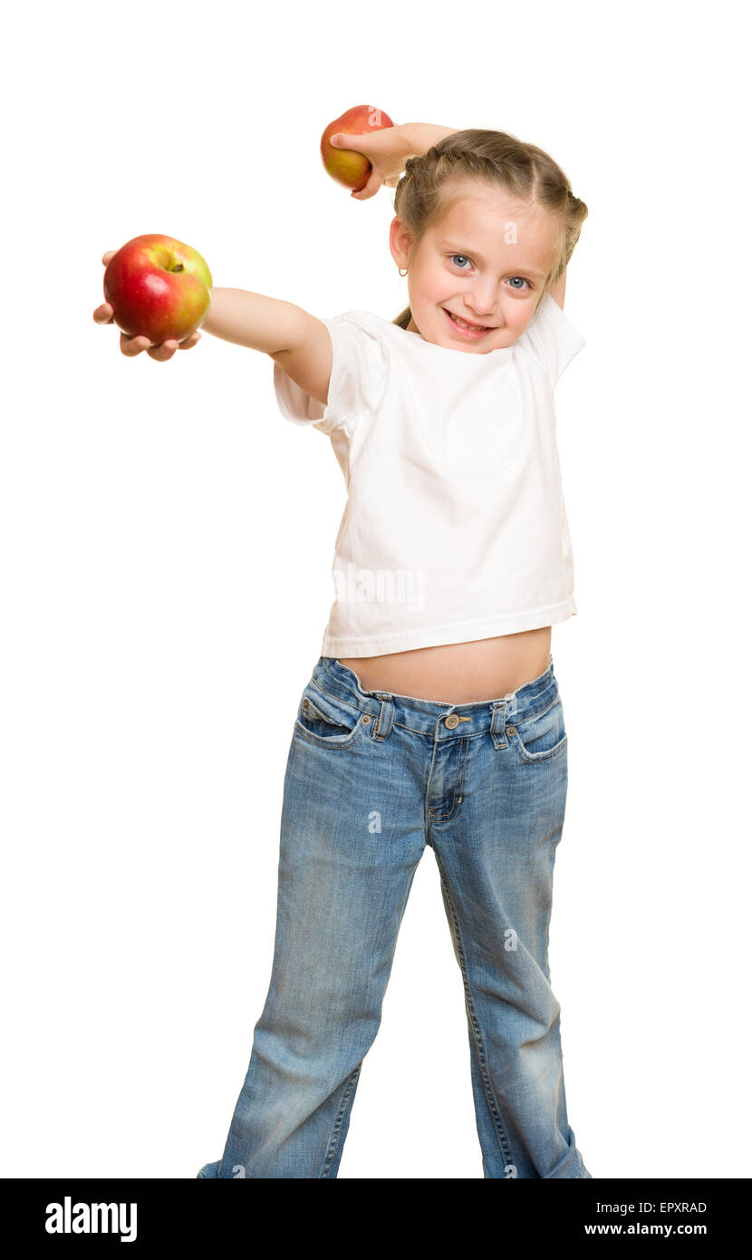 Ragazza con apple rosso su bianco Foto Stock