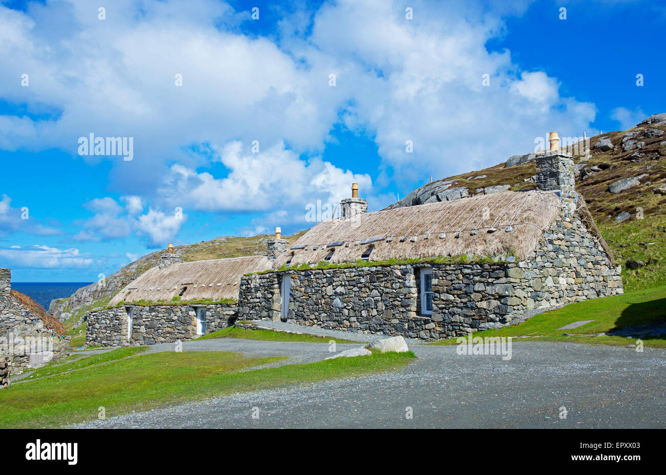 Il Gearrannan Blackhouse Village, isola di Lewis, Ebridi Esterne, Scotland Regno Unito Foto Stock