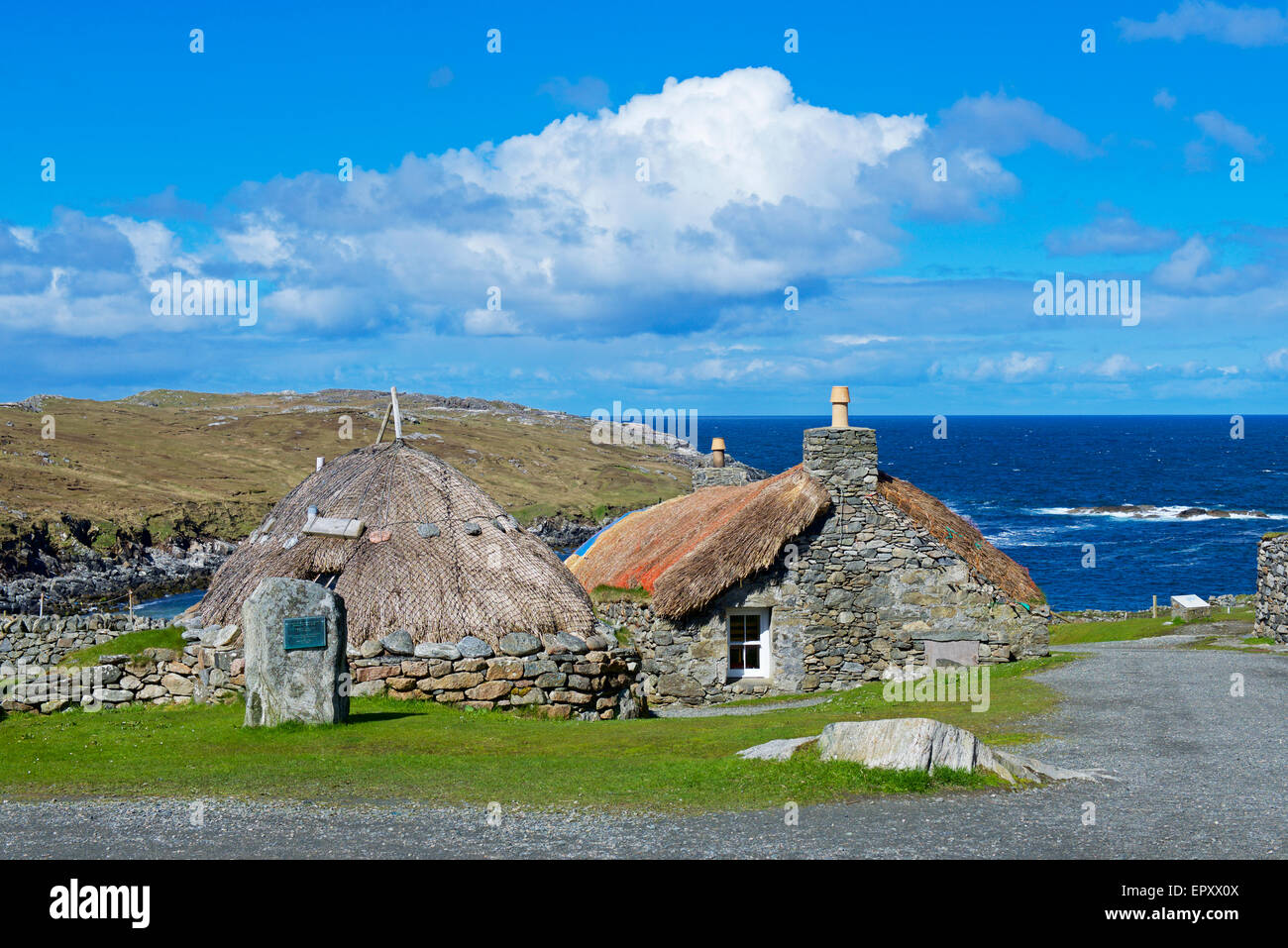 Il Gearrannan Blackhouse Village, isola di Lewis, Ebridi Esterne, Scotland Regno Unito Foto Stock