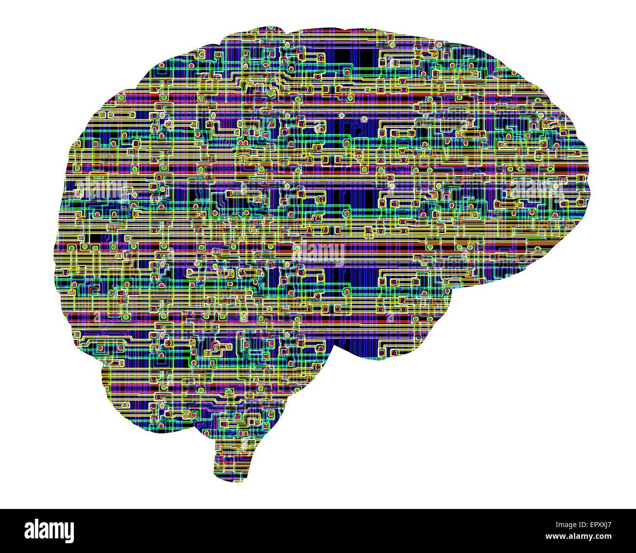 Intelligenza artificiale e cibernetica, immagine concettuale. Questa immagine di un chip per computer struttura, sovrapposti su un cervello umano, potrebbe rappresentare concetti come la cibernetica, robotica, impianti di cervello e intelligenza artificiale. Qui, la struttura di chip Foto Stock