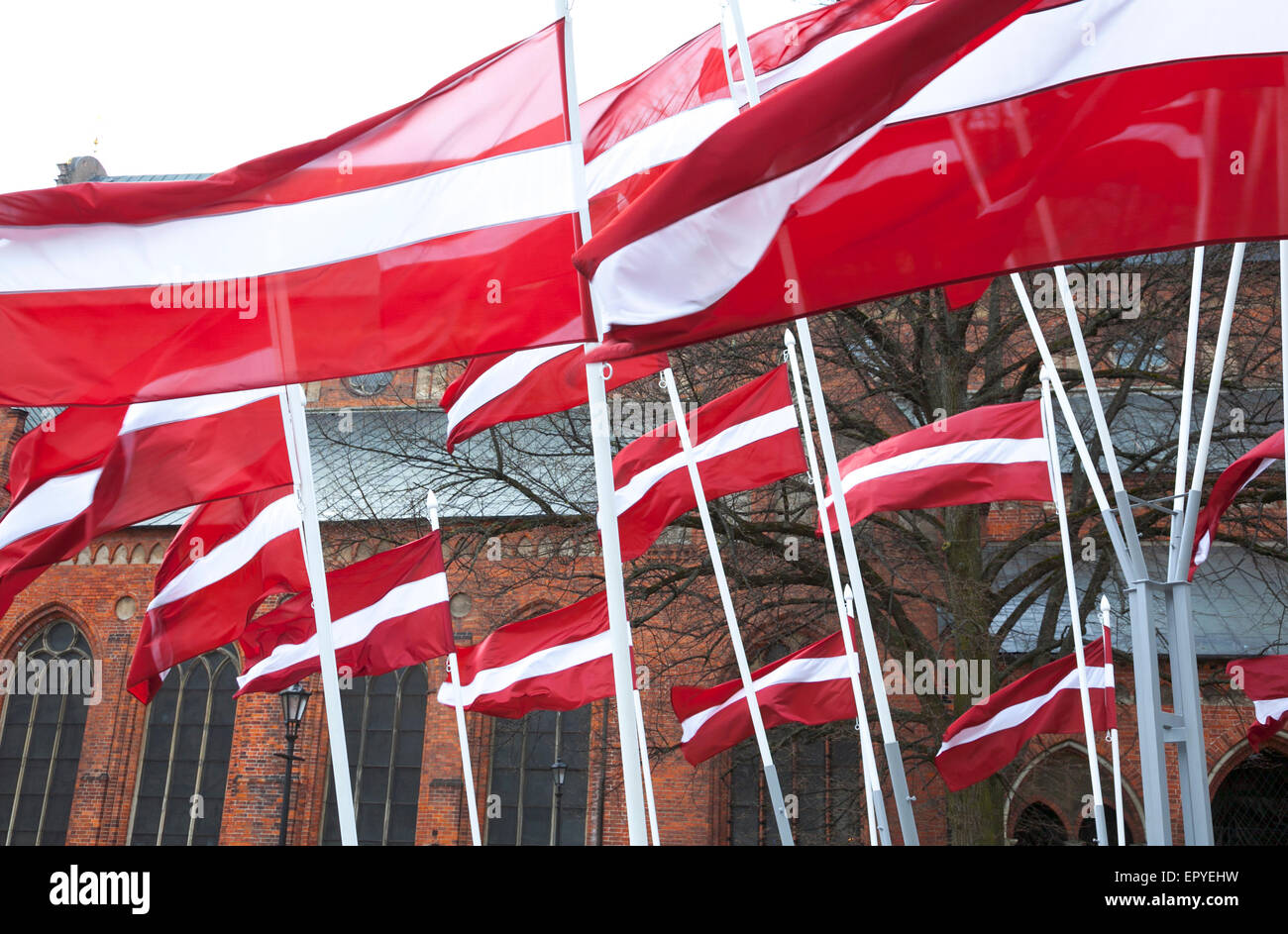 Il lettone bandiere di fronte alla Cattedrale di Riga, Riga, Lettonia Foto Stock