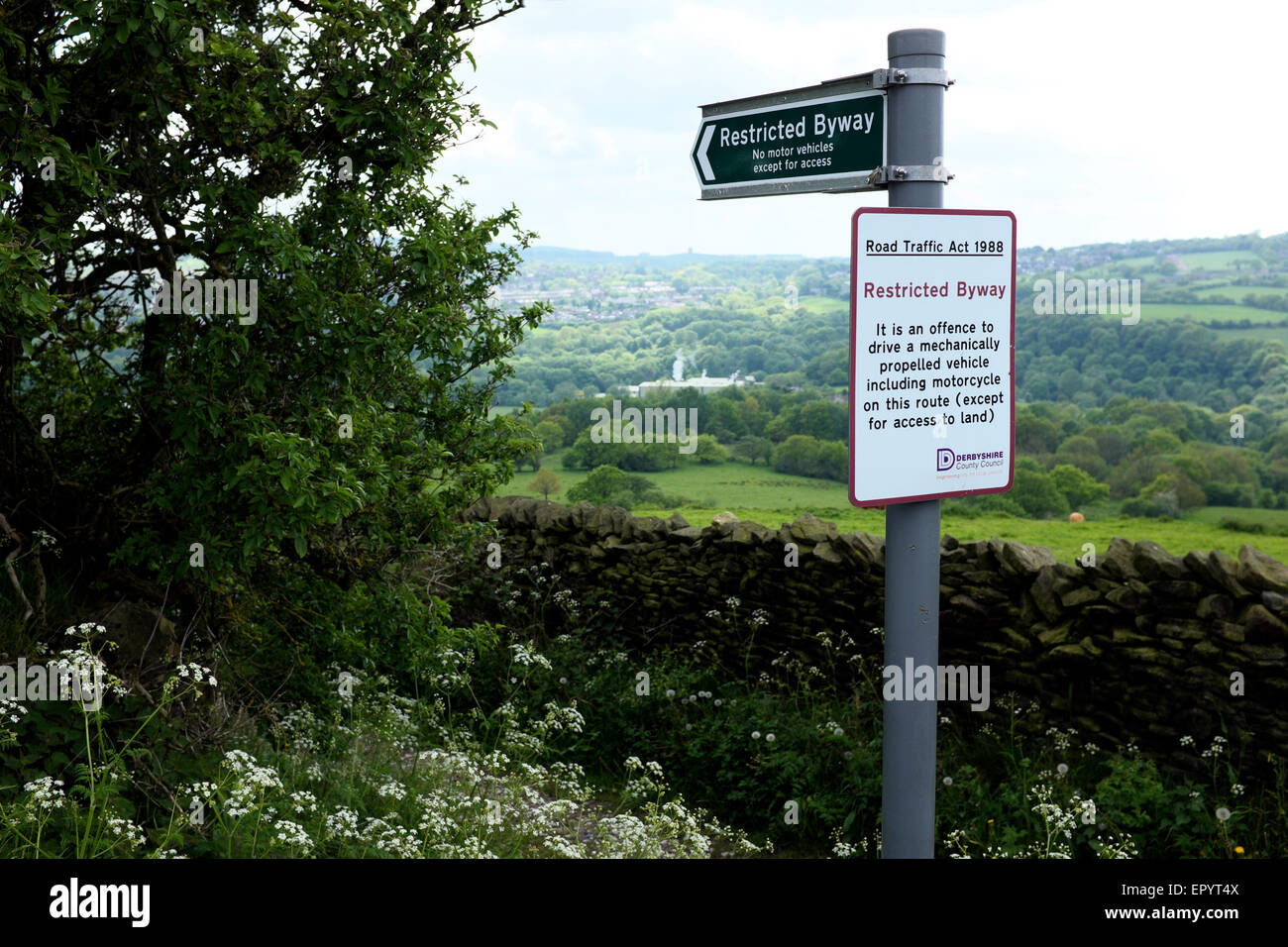 Un cartello indicante un ristretto byway in alta Mills, Derbyshire Foto Stock
