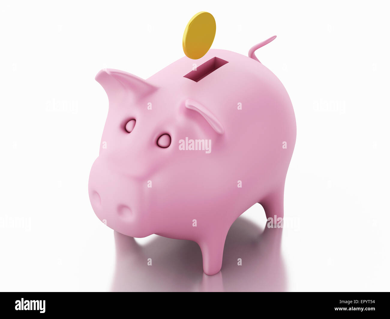 Salvadanaio con monete in oro su sfondo bianco. 3D renderer immagine. Foto Stock