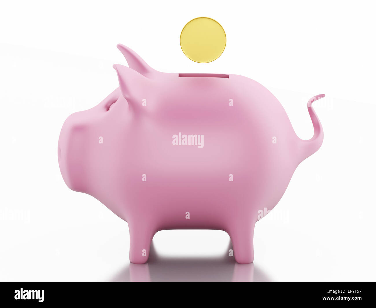 Salvadanaio con monete in oro su sfondo bianco. 3D renderer immagine. Foto Stock