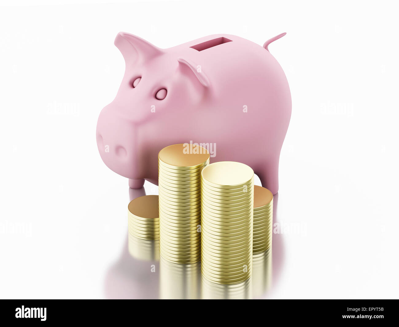 Salvadanaio con monete in oro su sfondo bianco. 3D renderer immagine. Foto Stock