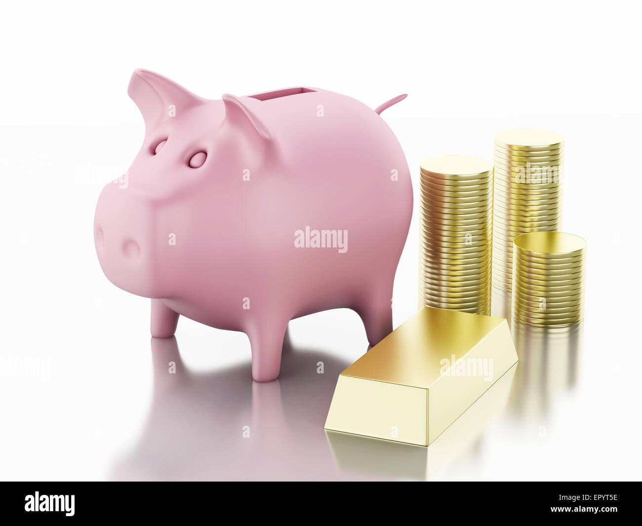 Salvadanaio con monete in oro su sfondo bianco. 3D renderer immagine. Foto Stock