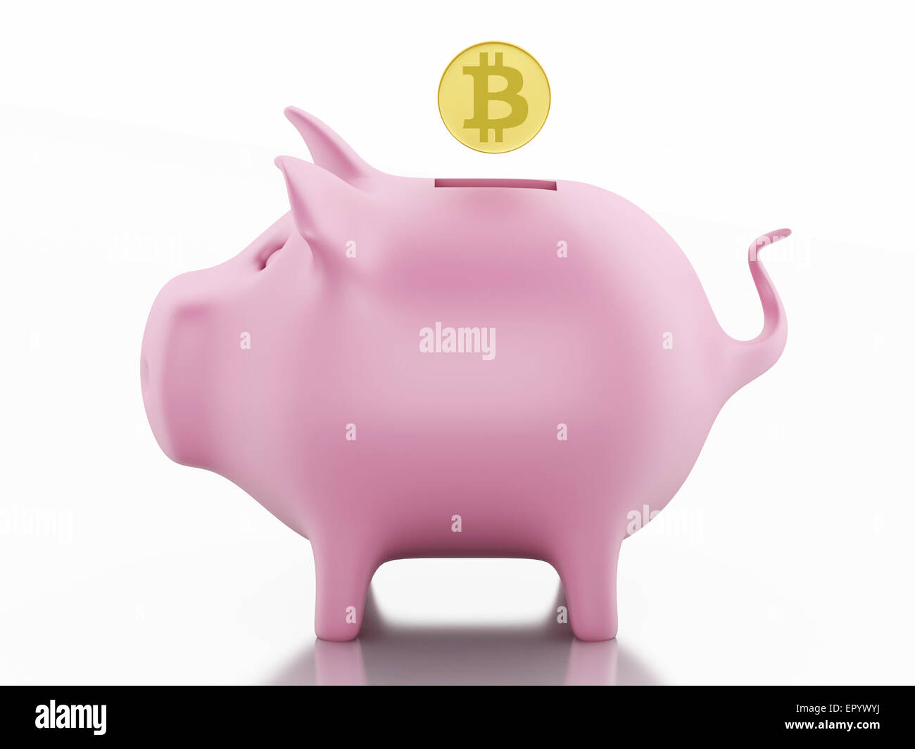 Salvadanaio con Bitcoin su sfondo bianco. 3D renderer immagine. Foto Stock