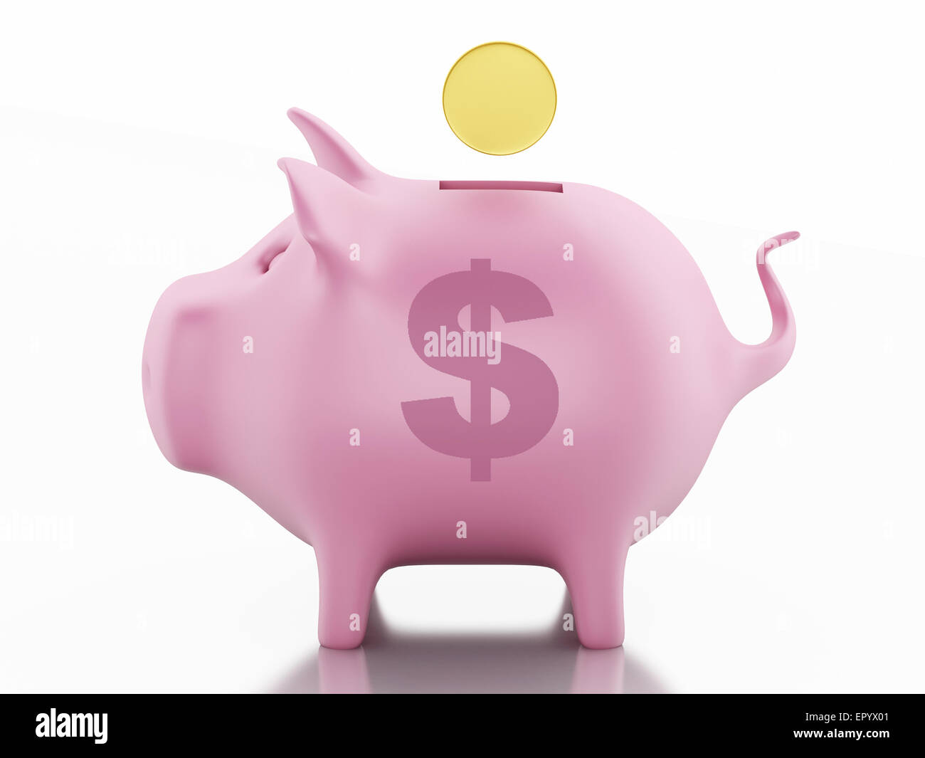 Salvadanaio con monete in oro su sfondo bianco. 3D renderer immagine. Foto Stock