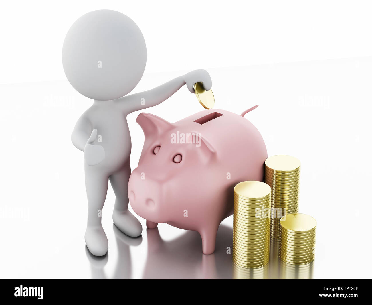 La gente bianca con il salvadanaio e pile di monete d'oro. Isolato sullo sfondo bianco. 3D renderer immagine. Foto Stock