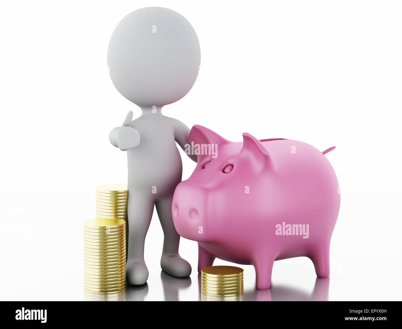 La gente bianca con il salvadanaio e pile di monete d'oro. Isolato sullo sfondo bianco. 3D renderer immagine. Foto Stock
