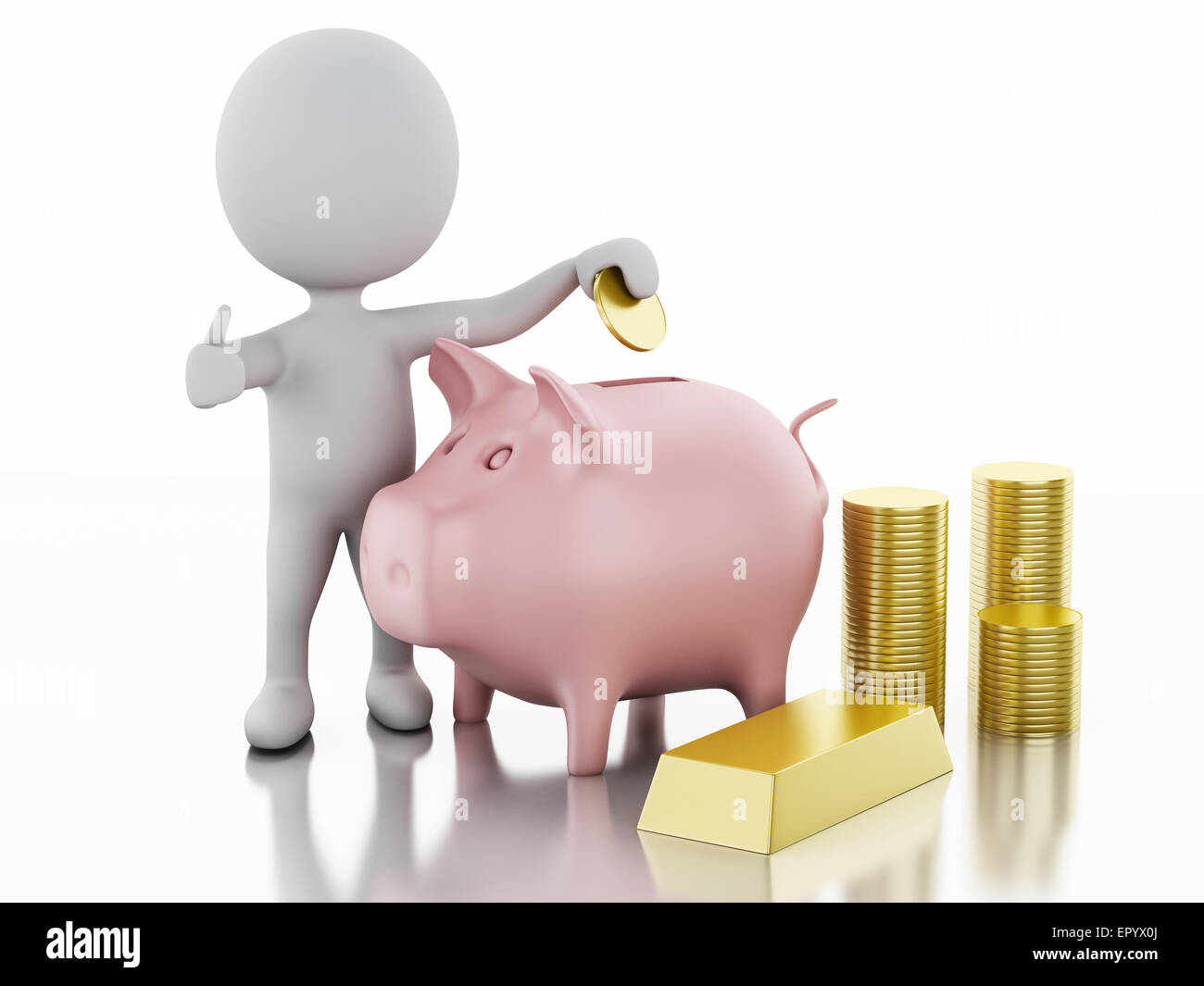 La gente bianca con il salvadanaio e pile di monete d'oro. Isolato sullo sfondo bianco. 3D renderer immagine. Foto Stock