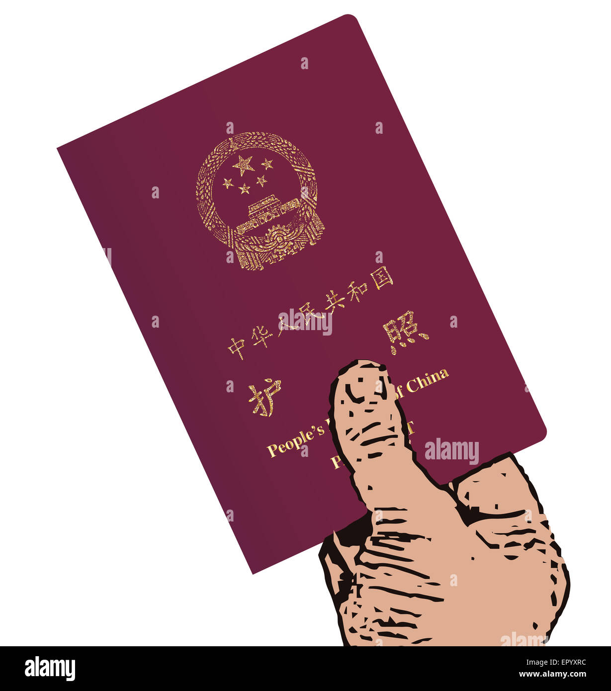Una mano che tiene un Cinese moderno passaporto su uno sfondo bianco Foto Stock