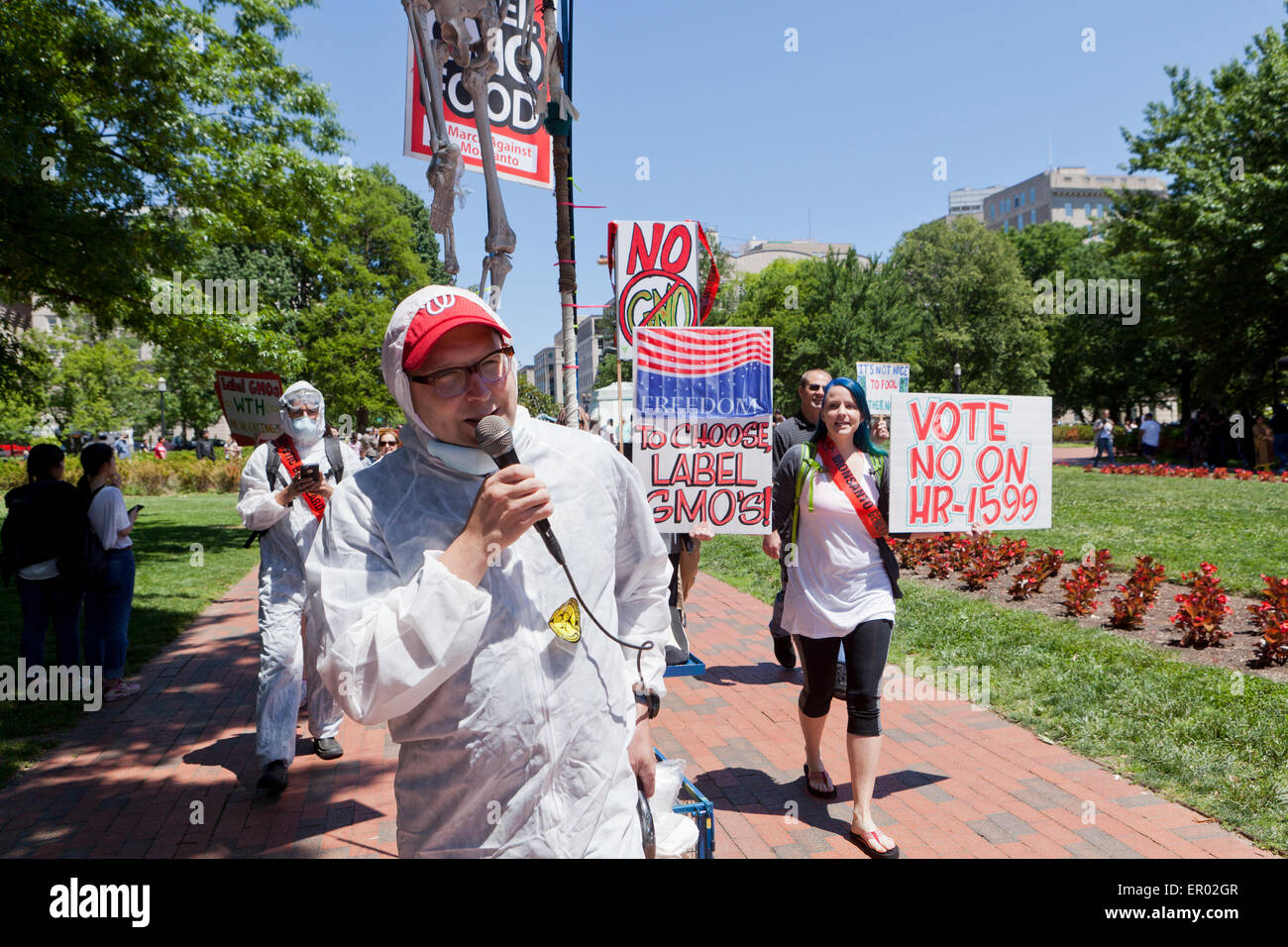 Sabato, 23 maggio 2015 a Washington DC, USA: centinaia di sicurezza alimentare gli attivisti hanno marciato dalla Casa Bianca a Monsanto ufficio di Washington il canto e protestando contro gli OGM e pesticidi, come parte di un internazionale rivolta contro la Monsanto. I dipendenti di Monsanto ha risposto tenendo premuto fino segni e parlando con la stampa. Foto Stock