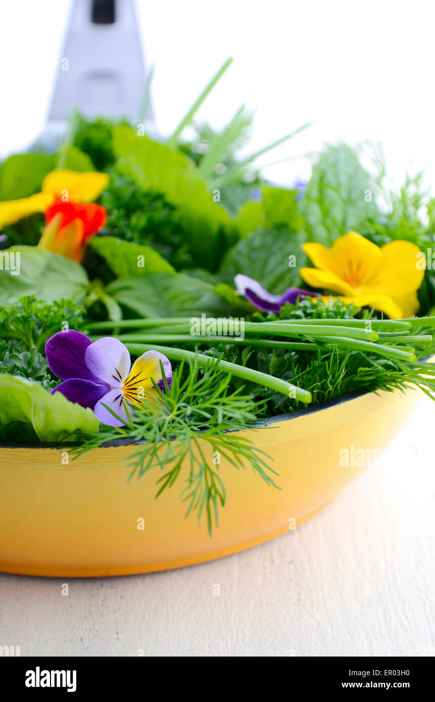 La cucina con le erbe concetto con erbe aromatiche e fiori commestibili in giallo moderno padella padella bianco sul tavolo di legno. Foto Stock