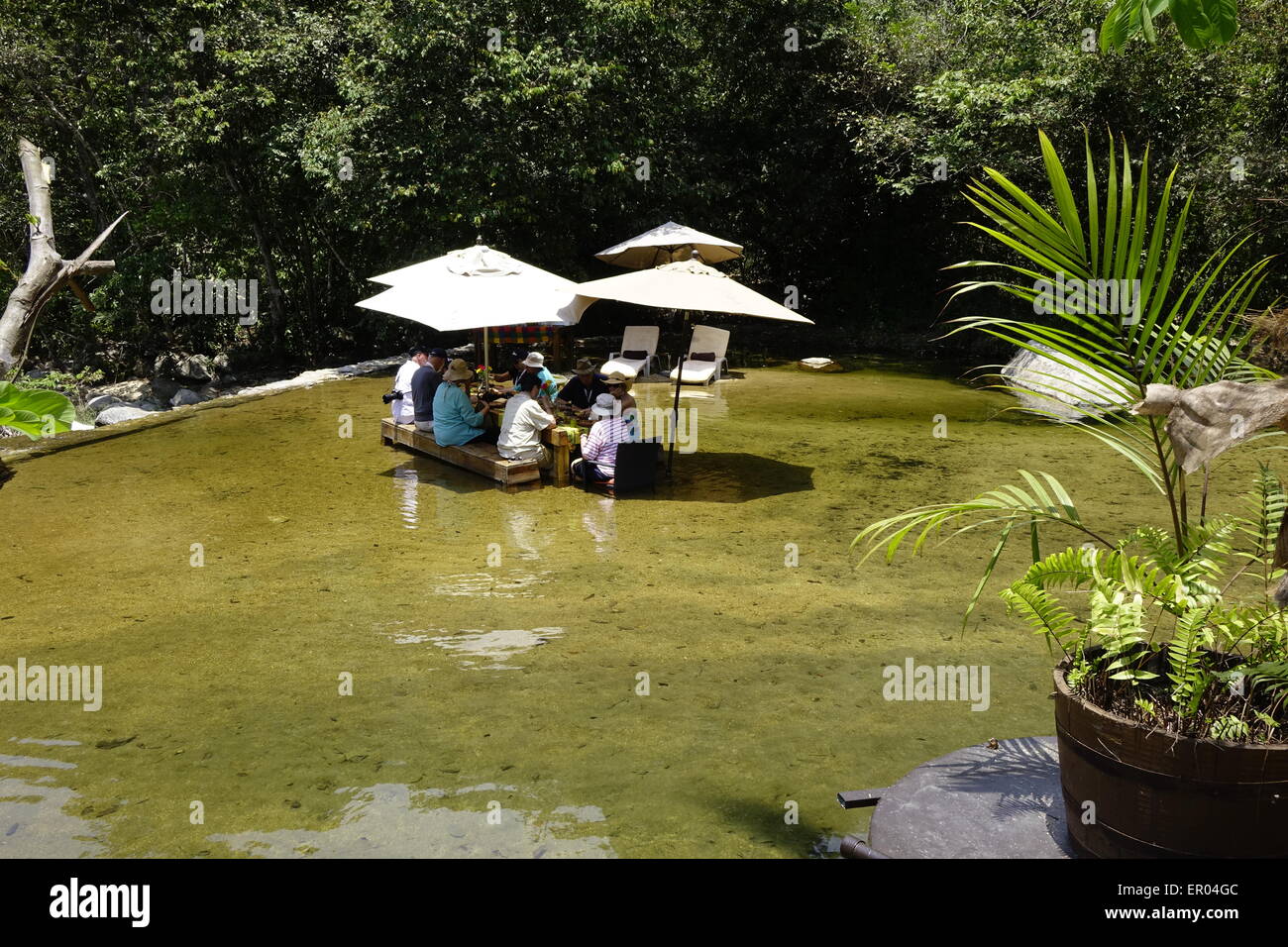 Gli ospiti a pranzo a Villa Azalea. Essi sono qui seduti in un chiaro, piscina poco profonda formata mediante raschiatura del fiume Foto Stock