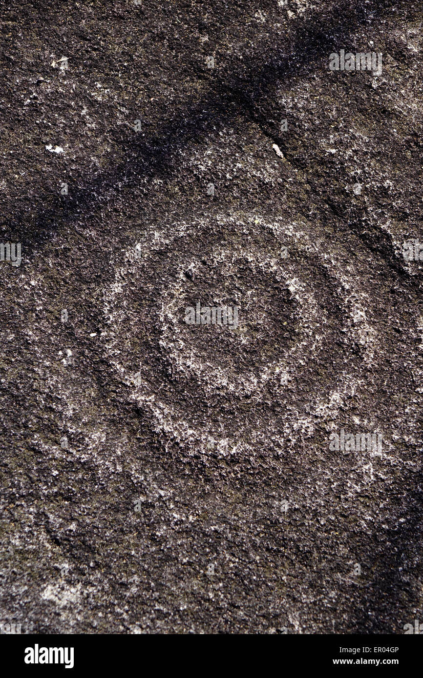 Petroglyph trovata nei pressi di El tuito, Messico, della data sconosciuta, cerchi concentrici che si ritiene costituiscano il sole Foto Stock