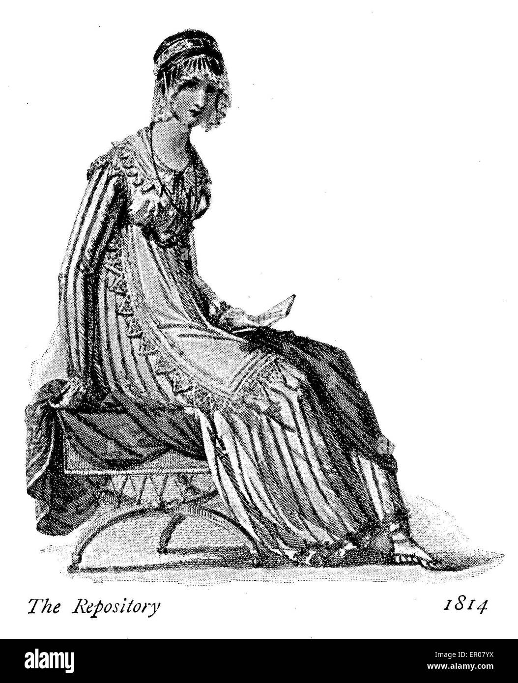 Vintage moda donna dal repository, Londra 1814, Stile Impero abito, fronzoli e cappuccio Foto Stock