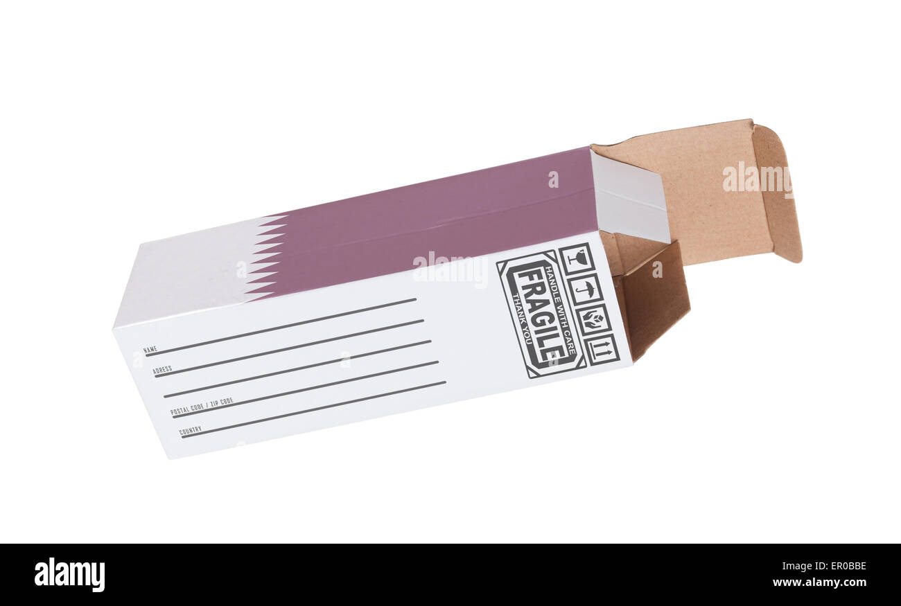 Concetto di esportazione, aperto cassetta della carta - il prodotto del Qatar Foto Stock