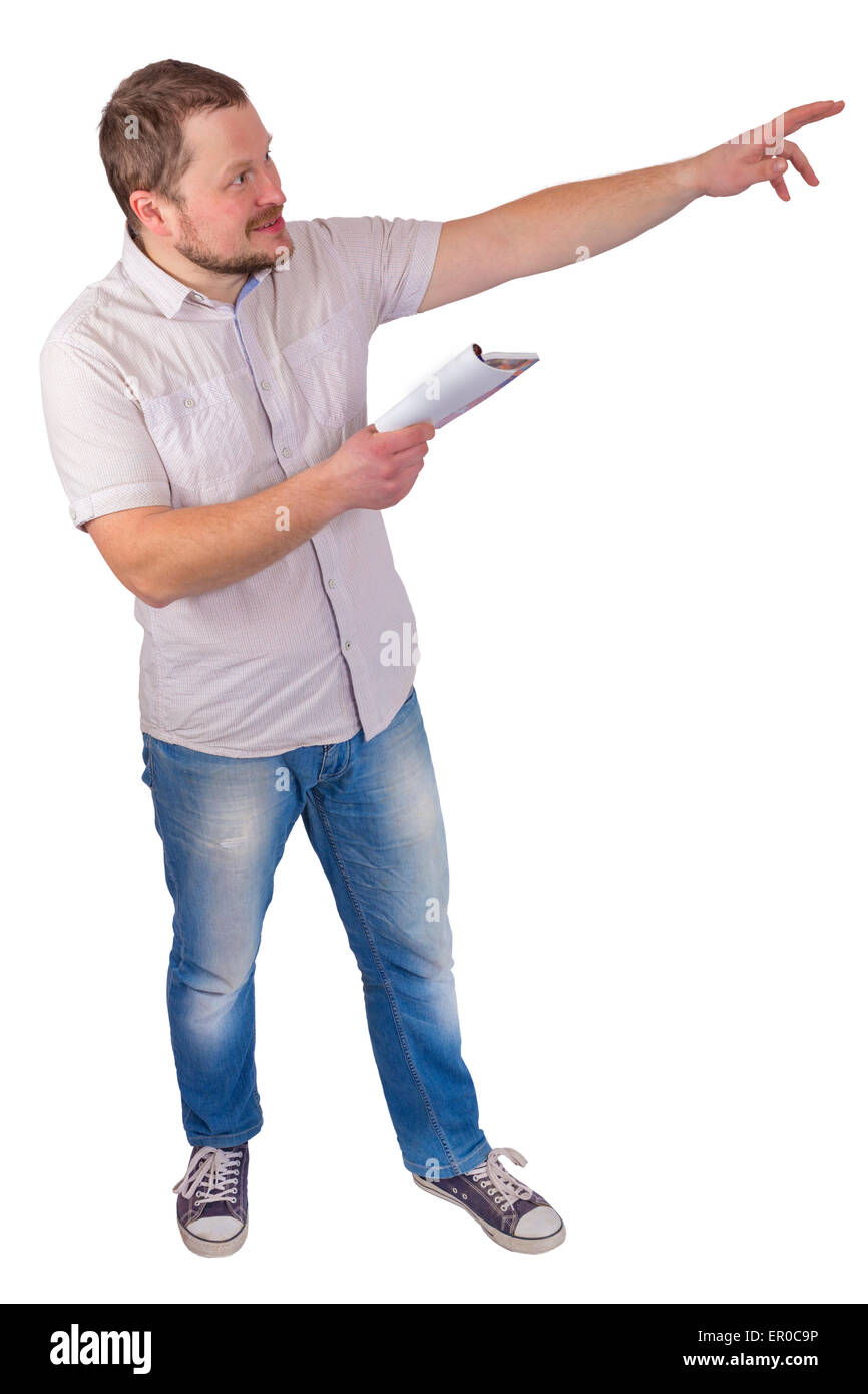 Uomo con libro guida in un canto isolato su sfondo bianco Foto Stock
