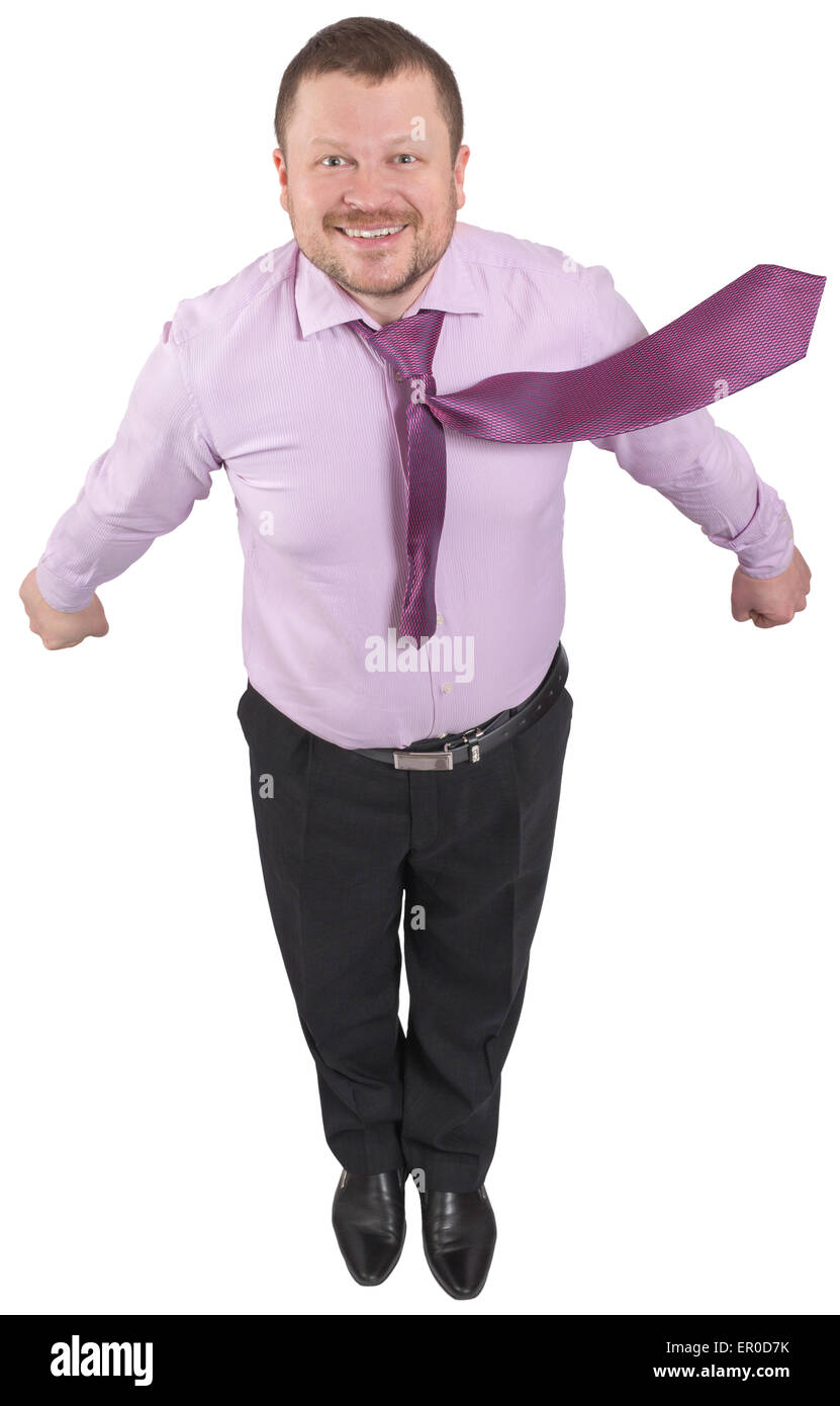 Imprenditore volare fino in bianco sullo sfondo isolato Foto Stock