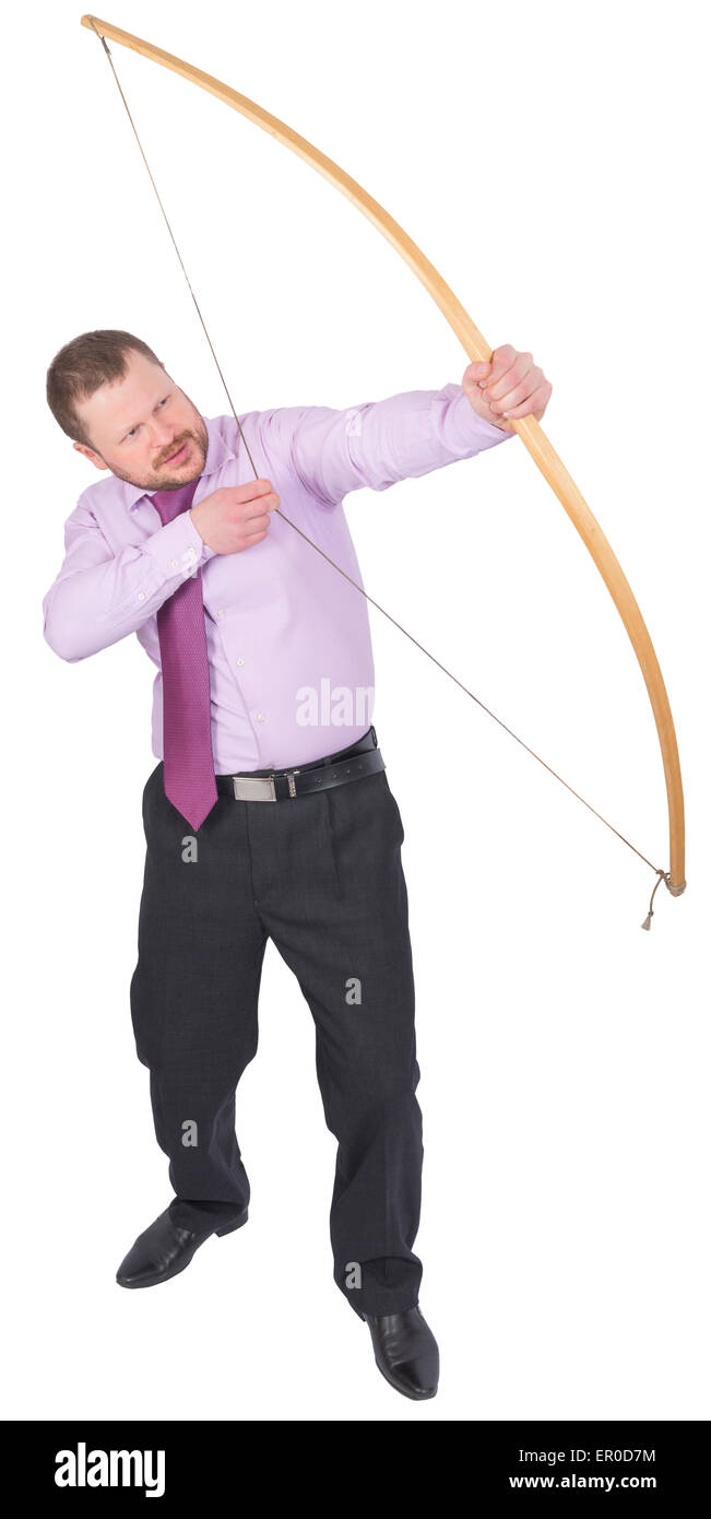 Imprenditore praticare il tiro con l'arco su bianco sfondo isolato Foto Stock