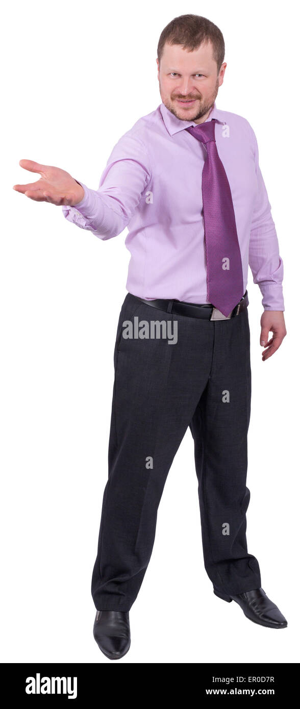 Imprenditore tenendo la sua mano destra fuori, palm su bianco sfondo isolato Foto Stock
