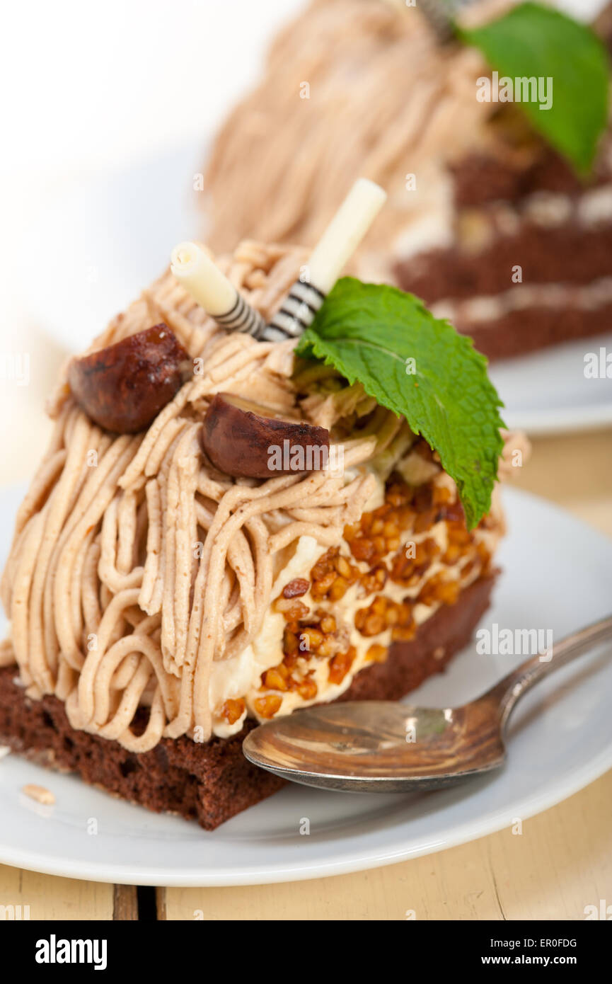 Freschi di forno crema di castagne dessert torta su bianco rustico tavolo in legno Foto Stock